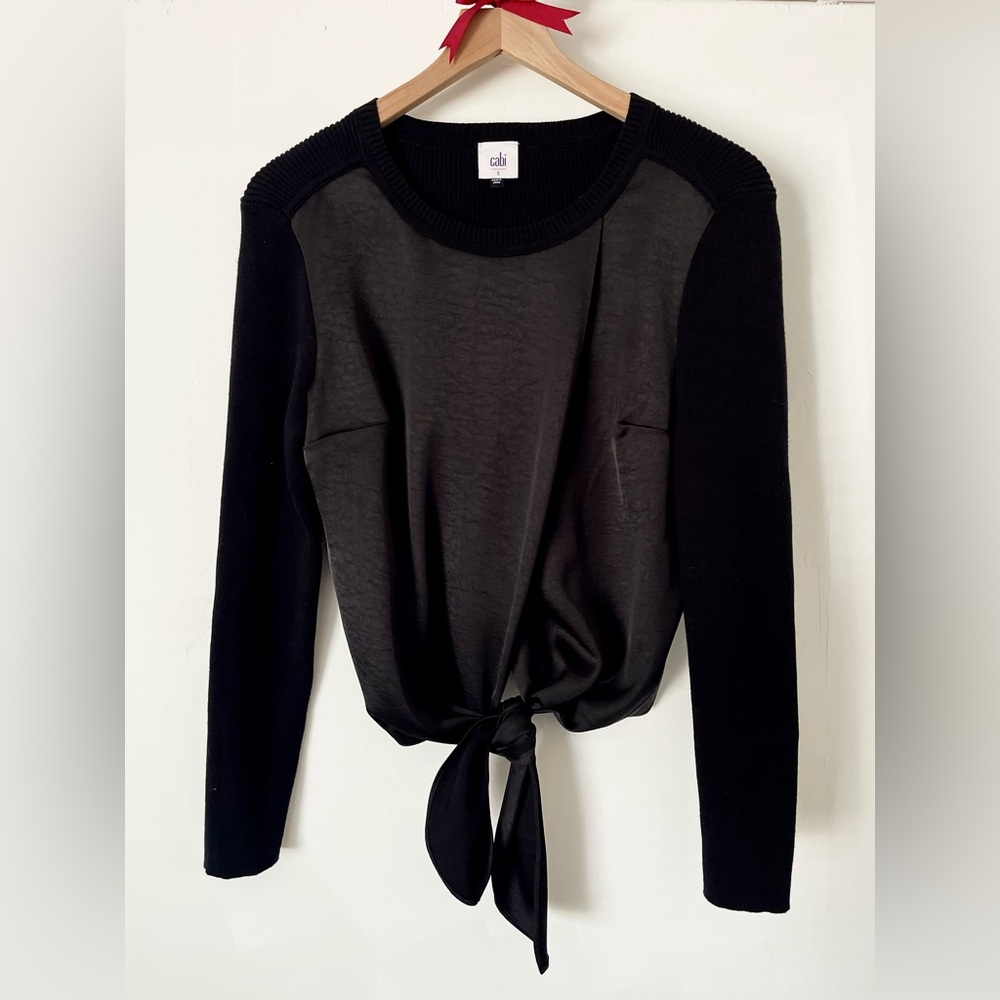 CAbi Black Satin Front Tie Cable Knit Sweater Longsleeve Top Dark Academia Goth